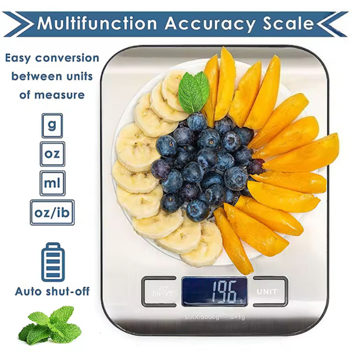 5kg/0.1g Digital Kitchen Scale Premium Stainless Steel Food Scales LCD ...