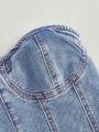 European style plunging neck denim spring new style  and intense allure fitted waist shaping design. 