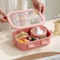 1000/1350ml Cartoon Lunch Box with Soup Bowl Bento Box Buckle Design Sealed and Leak-proof Portable Food Storage Container. 