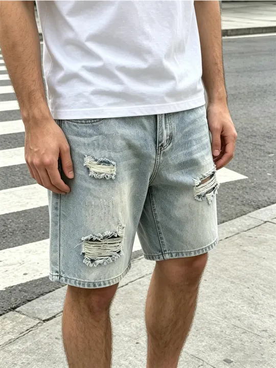 Men%20Pants%20Jeans%20Clothing%20Denim%20Trousers%20Shorts%20Men's%20Light%20Wash%20Ripped%20Distressed%20Casual%20Denim%20Shorts%20-%20Image%204