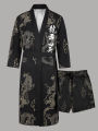 Men's Chinese Style "Dragon Dance" Print Robe Set Black Open Front Belted Kimono & Shorts 2 Piece Streetwear. 