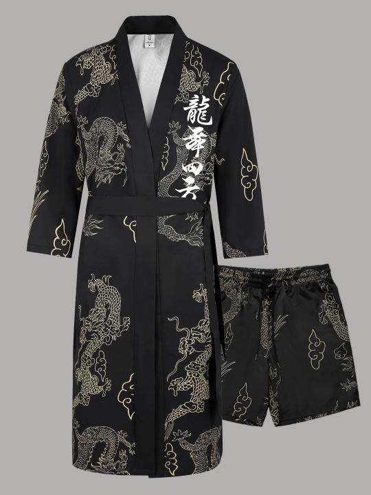 Men's%20Chinese%20Style%20"Dragon%20Dance"%20Print%20Robe%20Set%20Black%20Open%20Front%20Belted%20Kimono%20&%20Shorts%202%20Piece%20Streetwear%20-%20Image%202