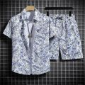 Hawaiian Beach Shirt Ensemble Men's Baggy Short-Sleeved Combo for Hainan Travel Vacation Cartoon Half-Sleeved Floral Shirt Tops. 