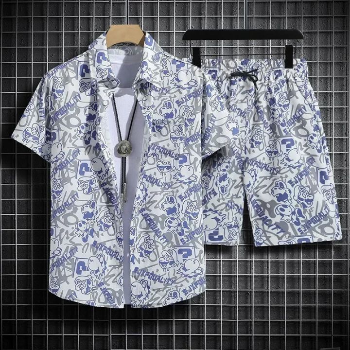 Hawaiian%20Beach%20Shirt%20Ensemble%20Men's%20Baggy%20Short-Sleeved%20Combo%20for%20Hainan%20Travel%20Vacation%20Cartoon%20Half-Sleeved%20Floral%20Shirt%20Tops%20-%20Image%202