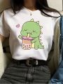 Cute Little Dinosaur Print Crew Neck Short Sleeve Casual T-shirt Women's Clothing Women's Harajuku Short Sleeve Casual Aesthetic. 