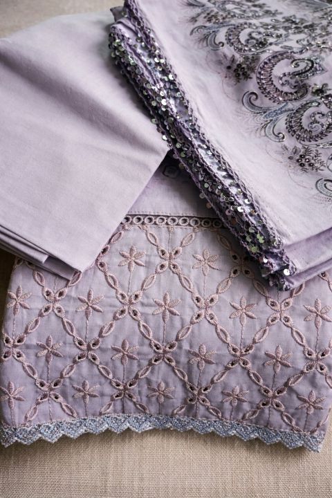 Premium Lavender Embroidery Three Piece Set with Exquisite Sequin Detailing.