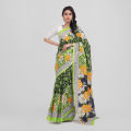 Bright Orange & White Floral Print on Olive Green Body | Digital Printed Saree | Contrast Aanchal & Border. 