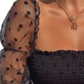 Women's Short Top Wave Dotted Sexy Mesh Puffy Long Sleeve See Through Comfortable and Breathable Blouse. 