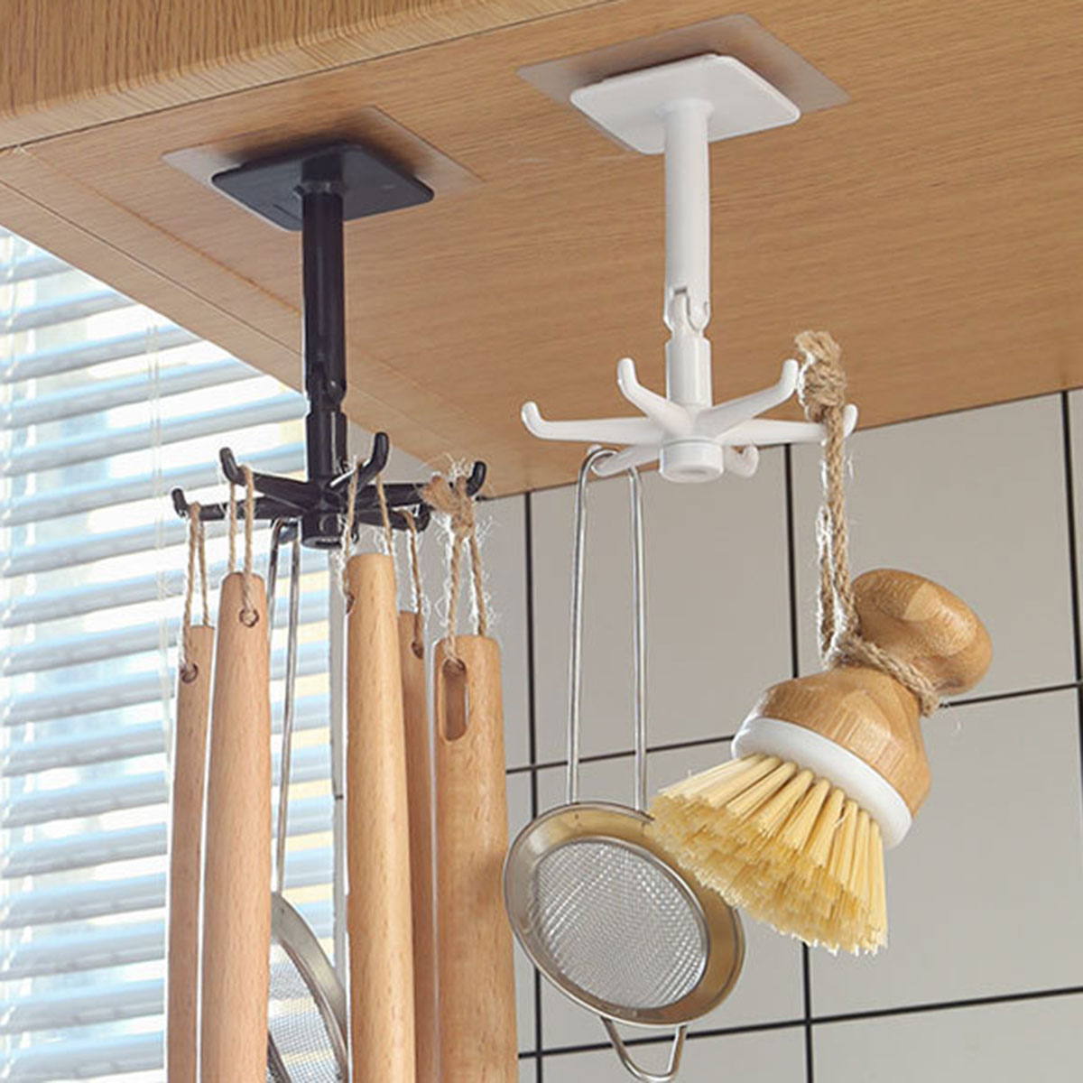 1Pc 360° Rotating Kitchen Hooks - Self-Adhesive 6-Hook Rack for Wall & Door - Handbags, Clothes, Ties Organizer
