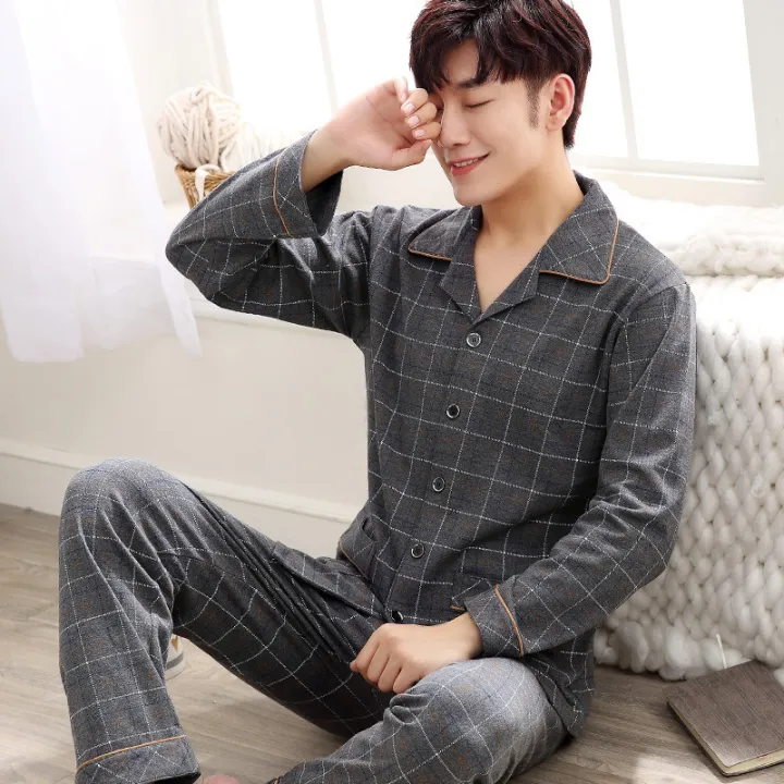 Pajamas%20Men's%20Spring%20and%20Fall%20Winter%20100%25%20Cotton%20Long-Sleeved%20Large%20Size%20Leisure%20Sleepwear%20Homewear%20Plaid%20Nightwear%20Loungewear%20-%20Image%205