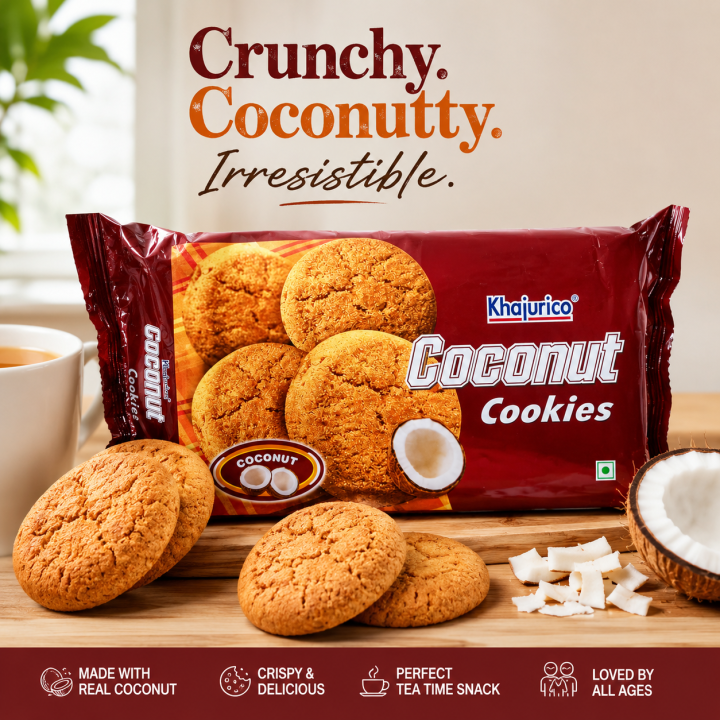 Khajurico Coconut Cookies 150g | Crispy Coconut Flavored Biscuits | Sweet Crunchy Tea Time Snack for Kids & Family ( Pack of 2)
