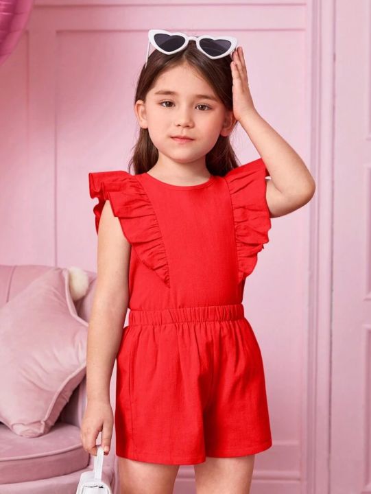 Girl's%20Casual%20Solid%20Color%20Flying%20Sleeve%20Top%20And%20Shorts%20Set%20-%20Image%204