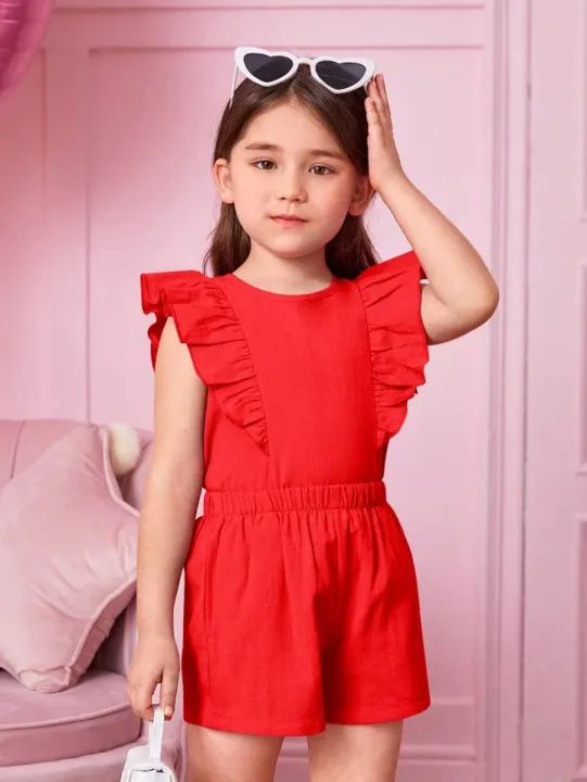 Girl's%20Casual%20Solid%20Color%20Flying%20Sleeve%20Top%20And%20Shorts%20Set%20-%20Image%204