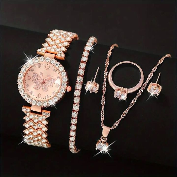 6pcs Jewelry Set Rose Gold Luxury Watch Women Ring Necklace