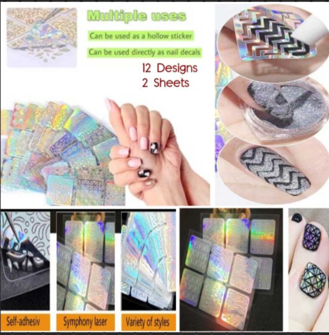 Nail Art Sticker Stencil Stickers 12 Design 2 Sheets vinyls Decal Reusable DIY Hollow for Nail Art