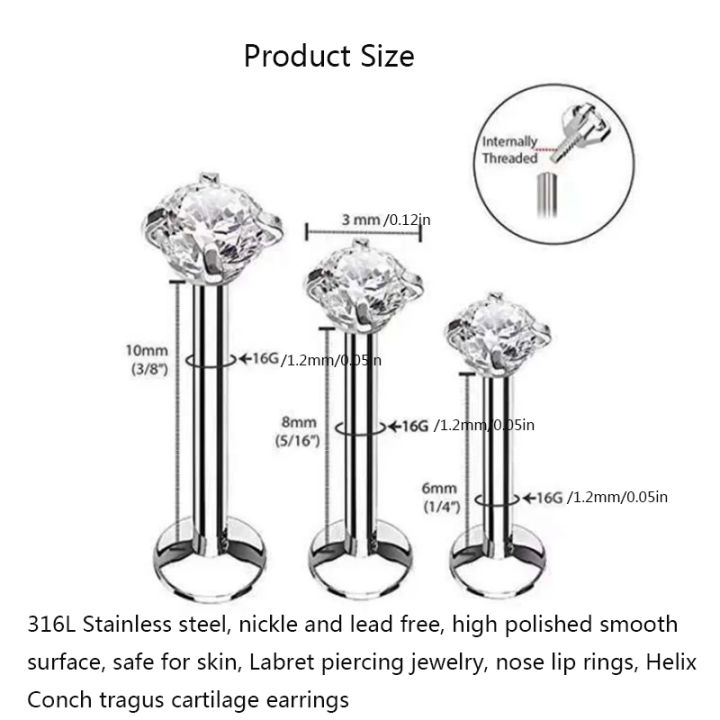 3Pcs%2016G%20Stainless%20Steel%20Labret%20Piercing%20Jewelry%20Crystal%20CZ%20Monroe%20Nose%20Lip%20Studs%20Helix%20Tragus%20Conch%20Cartilage%20Earrings%206/8/10mm%20-%20Image%204