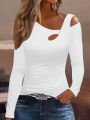 Women's Long Sleeve T-Shirt - Off-Shoulder & Asymmetric Neck - Elegant Solid Color Fall Fashion. 