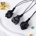 1PC Natural Crystal Black Tourmaline Raw Stone Unpolished Jet Stone Net Bag Pendant Necklace For Men's Gifts. 
