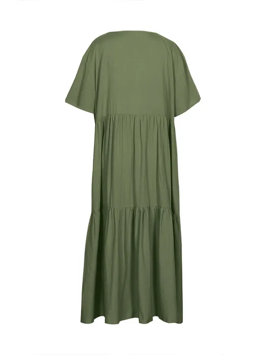 plus%20Size%20Women's%20Casual%20Loose%20V-Neck%20Long%20Dress%20Solid%20Pleated%20Big%20Size%20Spring%20Summer%20Comfortable%20Fit%20Maxi%20Dress%20-%20Image%204