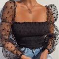 Women's Short Top Wave Dotted Sexy Mesh Puffy Long Sleeve See Through Comfortable and Breathable Blouse. 