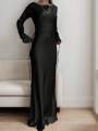 Women's Bespoke Satin Maxi Dress with Corset Waist Tie Classic Round Neck & Dramatic Flared Sleeves Luxury Evening Dress.
