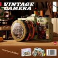 Retro building block camera model, nostalgic telephone, creative assembly toy, desktop ornament, . 
