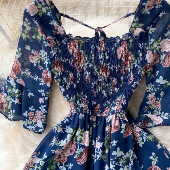 Fashion%20Summer%20Flower%20Print%20Long%20Dress%20Women%20Vintage%20Square%20Neck%20Ruched%20Chest%20Chiffon%20Sundress%20Party%20Vestidos%20-%20Image%203
