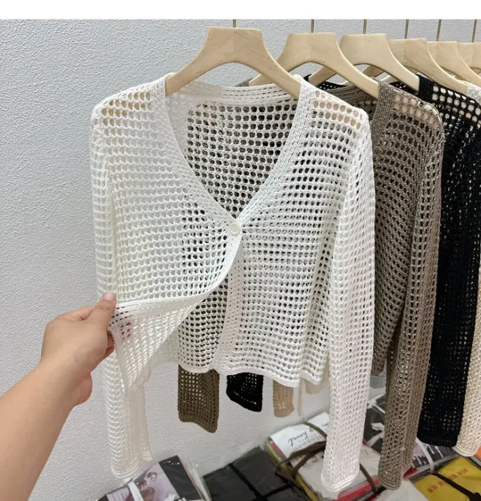 Single%20Button%20Crochet%20Mesh%20Cardigan%20for%20Women%20Semi%20Sheer%20Openwork%20Sunscreen%20Jacket%20Cover%20Up%20Summer%20Hollow-out%20Knitted%20Cardigan%20-%20Image%205