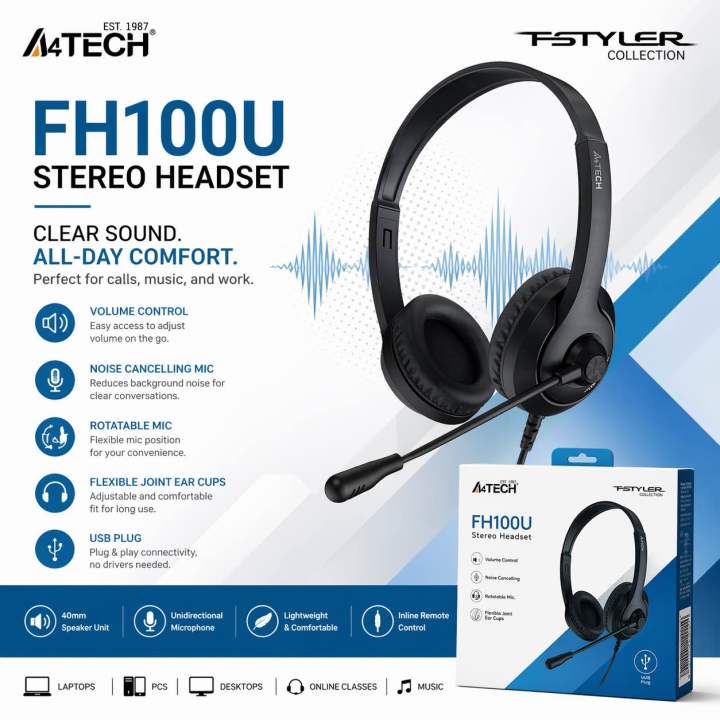 A4TECH FH100U USB Stereo Headset – Noise Cancelling Mic | 40mm Drivers ...