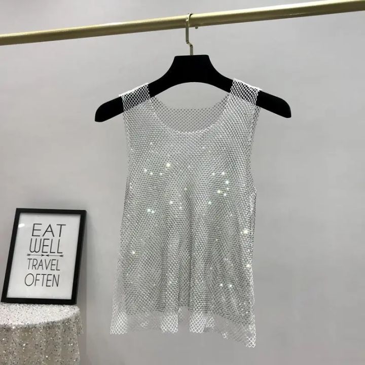 Y2k%20Hot%20Girl%20Vest%20Summer%20New%20Style%20Bright%20Hollow%20Hot%20Diamond%20Bling%20Top%20Super%20Fairy%20Thin%20Net%20Shirt%20Women's%20Trend%20-%20Image%205