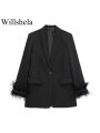 Willshela Women Fashion Satin Black With Feather Blazer Jacket Vintage Notched Neck Single Button Long Sleeves Female Outfits.