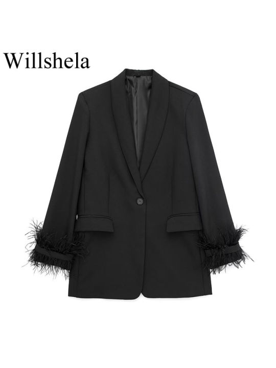 Willshela%20Women%20Fashion%20Satin%20Black%20With%20Feather%20Blazer%20Jacket%20Vintage%20Notched%20Neck%20Single%20Button%20Long%20Sleeves%20Female%20Outfits%20-%20Image%205