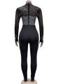 Beyprern Women's Sheer Mesh Crystal Jumpsuits One Piece Outfits Glam Fitted Long Sleeve Pearls Rhinestone Rompers Club Overalls. 
