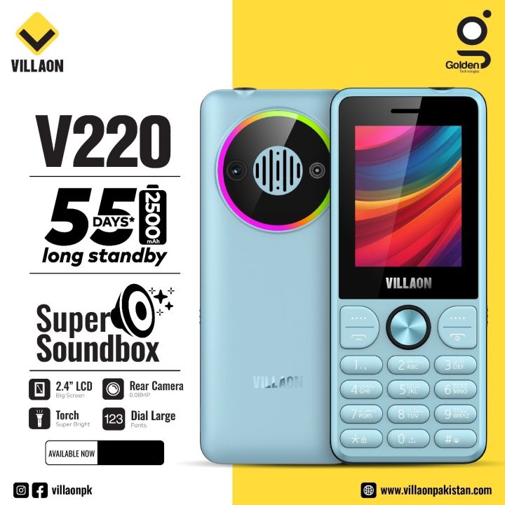 Villion V220 - 2.4 Inch Display - Dual Sim - 2500mAH battery - Rear Camera - Auto Call recording - Torch Light - PTA Approved - Audio & Video Player - 1 Year brand warranty