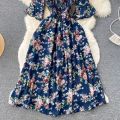 Fashion Summer Flower Print Long Dress Women Vintage Square Neck Ruched Chest Chiffon Sundress Party Vestidos. 