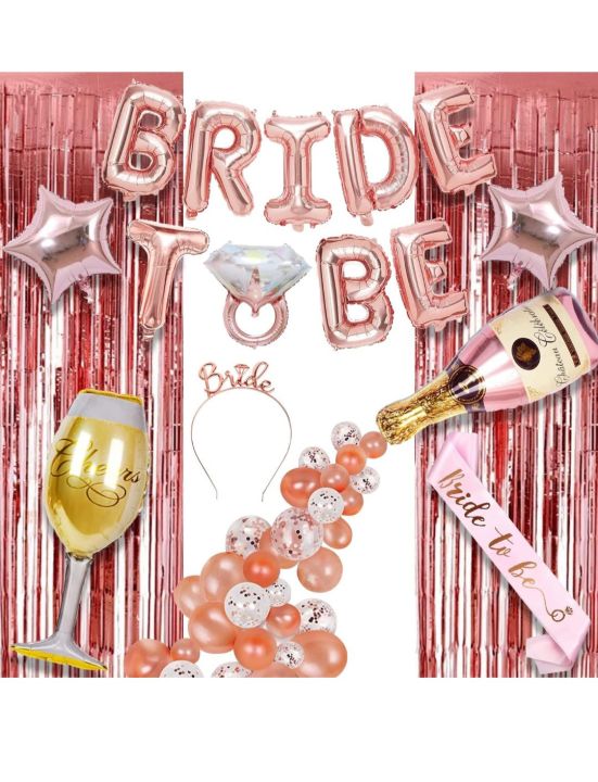Bachelorette Party Decorations - 34pcs Bride To Be Decoration Set Combo | Bride To Be Foil Balloon Banner | Bride To Be Sash And Crown | Rose Gold Metallic Balloons | Bride To Be Props