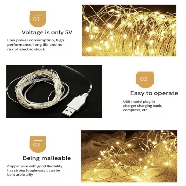 USB LED String Light 1M 3M 5M 10M Fairy Christmas Lights Copper Wire ...