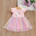 Girls' New Summer Little Flying Sleeve Cartoon Print Dress with Children's Patchwork Gradient Mesh Pengpeng Princess Dress. 