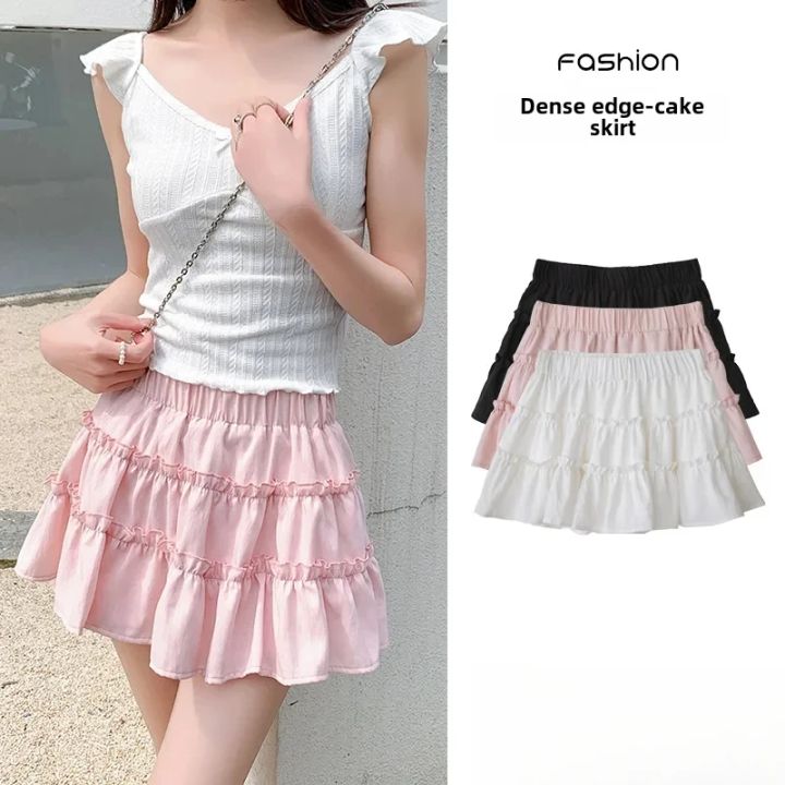 Elegant pink mini dress new summer thin style French ballet design cake skirt lace edge WOMEN'S JK skirt