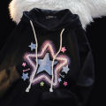 Spring And Autumn Star Print Milk Apricot Color Hooded Coat Street Harajuku Outerwear ﻿Vintage Star Print Drawstring Hoodies. 