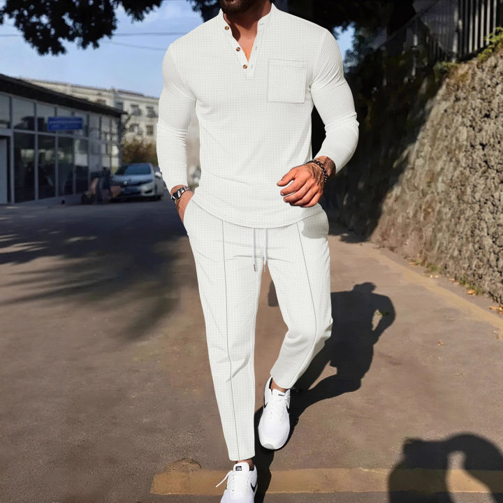 Men's%20Waffle%20Check%20Stand-Up%20Collar%20Semi-Casual%20Business%20Suit%20Button-Down%20Top%20with%20Comfortable%20Trousers%20Have%201/2%20Pieces%20-%20Image%205
