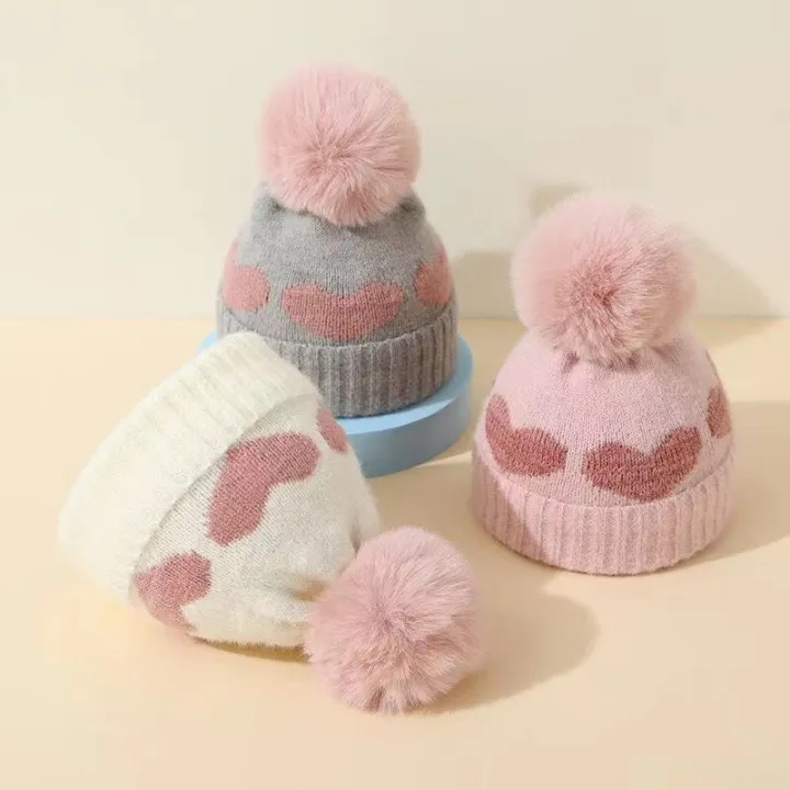 Fur Pompom Baby Hat Heart Printed Knitting Autumn Winter Newborn Infant Beanie Cap Toddler Warm Crochet Girls Boys Hats