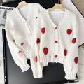Sweet Strawberry Long Sleeve Loose Cardigans Women Spring Autumn 2026 V Neck Single Breasted Preppy Style Sweater Knitted Tops. 