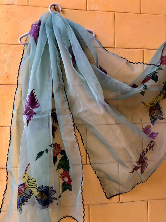 Hand painted organza dupatta, hand painted dupatta, beautiful Hand paint dupatta