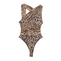 TRAFZA Leopard Print Jumpsuit Women Tulle Ruched Irregular Lady Bodysuit 2024 Summer Backless Beach Slim Halter Playsuit. 