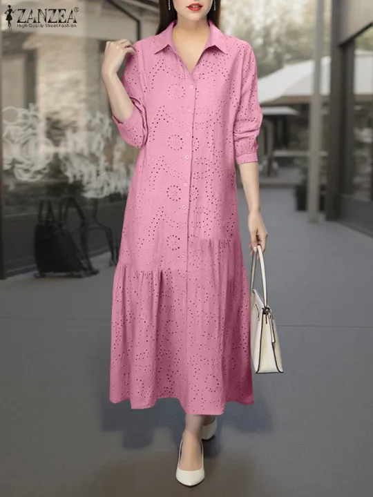 ZANZEA%20Cotton%20Casual%20Lace%20Dress%20Women%20Solid%20Sundress%20A-Line%20Mid-Calf%20Pleated%20Robe%20Summer%202025%20Vintage%20Turn-Down-Collar%20Vestidos%20-%20Image%205