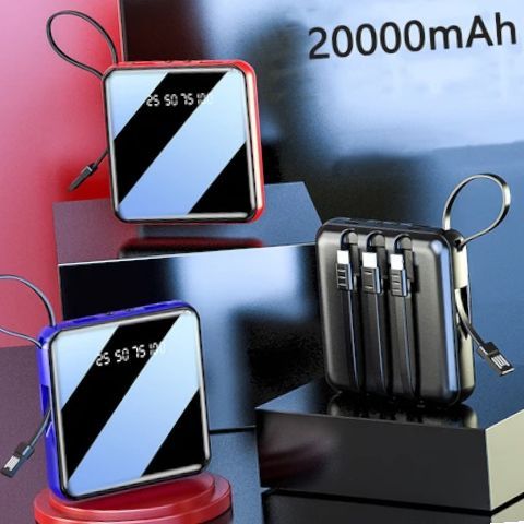 20000mAh Mini Power Bank Built-in 4 Cables Fast Charging Backup External Battery