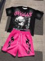 Summer Men's Fashionable Breathable Comfortable Letter Printed Round Neck T-Shirt Shorts Set Outdoor Casual Top. 