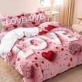 3Pcs Romantic Love Letter Red Rose Flower Pattern Bedding Set Included 1 Duvet Cover & 2 Pillowcases For Home Dorm Hotel Decor. 