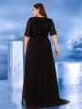 Plus Size Elegant Short Sleeves Sequin Formal Evening Dress Women Chiffon Black Mermaid Bridesmaid Party Maxi Prom. 
